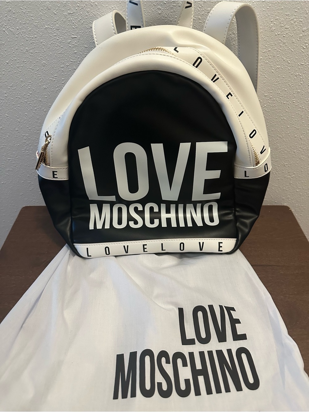 Love Moschino Black and White Logo Backpack with Dust Bag